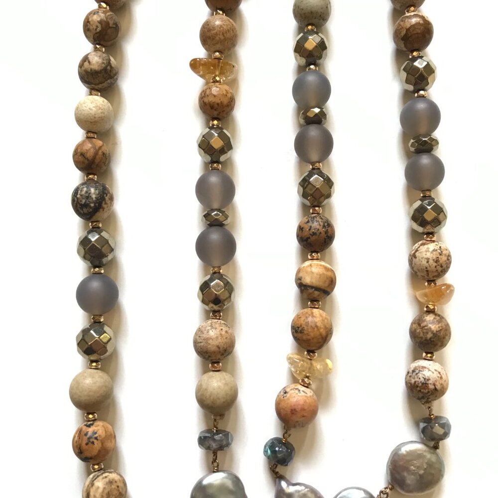 Chan Luu Sunstone Long Classic Beaded Necklace Womens Brown Tan Gold Beads Boho - Picture 2 of 13